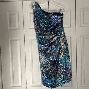 EUC Maggy London size 6 blue/black satin one shoulder cocktail dress